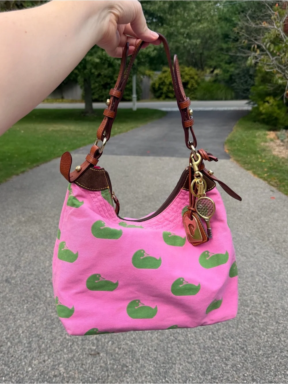Y2K Dooney & Bourke Preppy Barbie Pink Hobo Shoulder Bag w Ducks & Charm